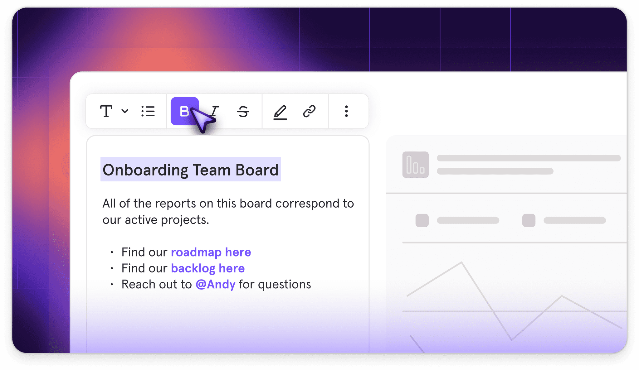 Rich text editor with links and mentions on a dashboard board.