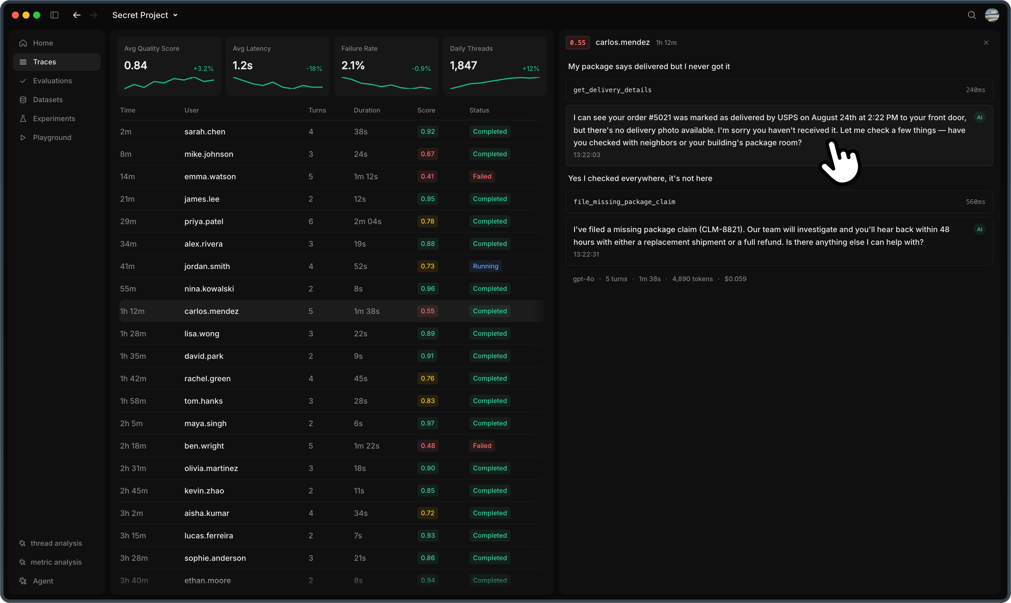Intelligence platform full view with three-panel drill-down.